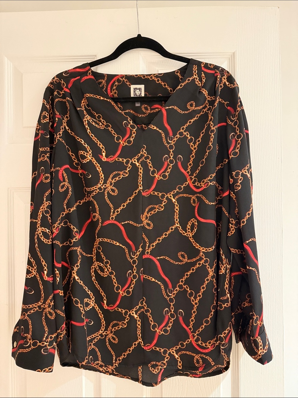 Anne Klein Black Blouse with Gold Chain and Red Accent Print